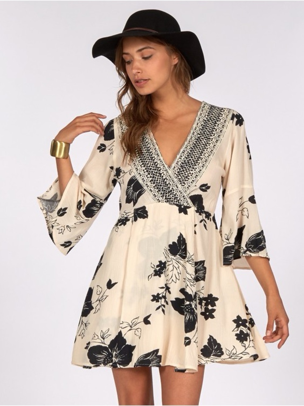 Billabong Divine Light Beige Floral Print Wrap Dress